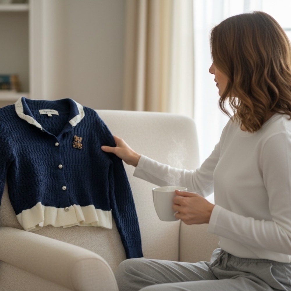 Navy and Cream Women's Sweater - Picture 3 of 6